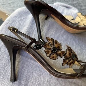 Bruno Magli heeled sandals. Brown leather and pony hair